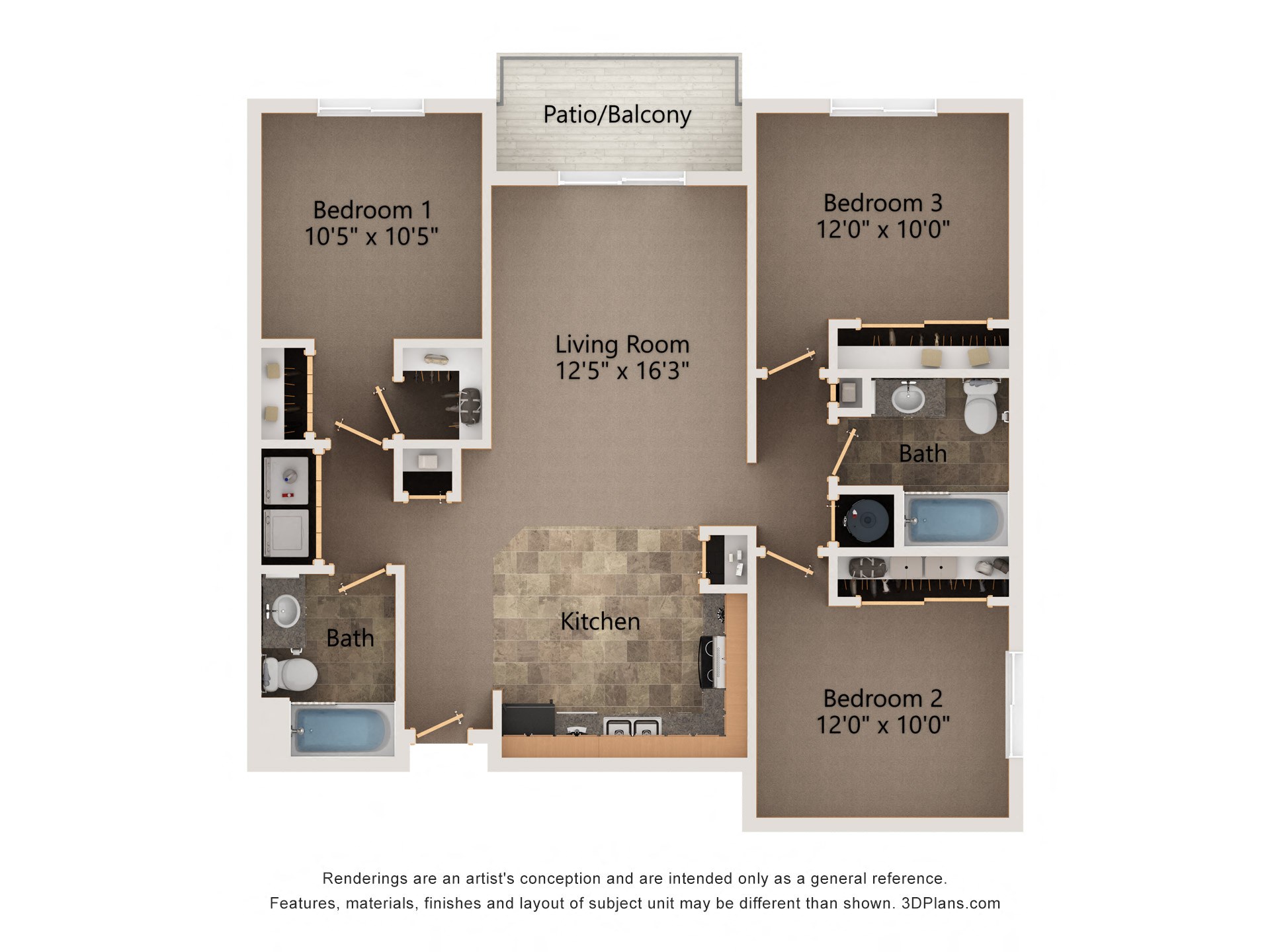 Floor plan for 3 beds, 2 baths, 1171 sqft